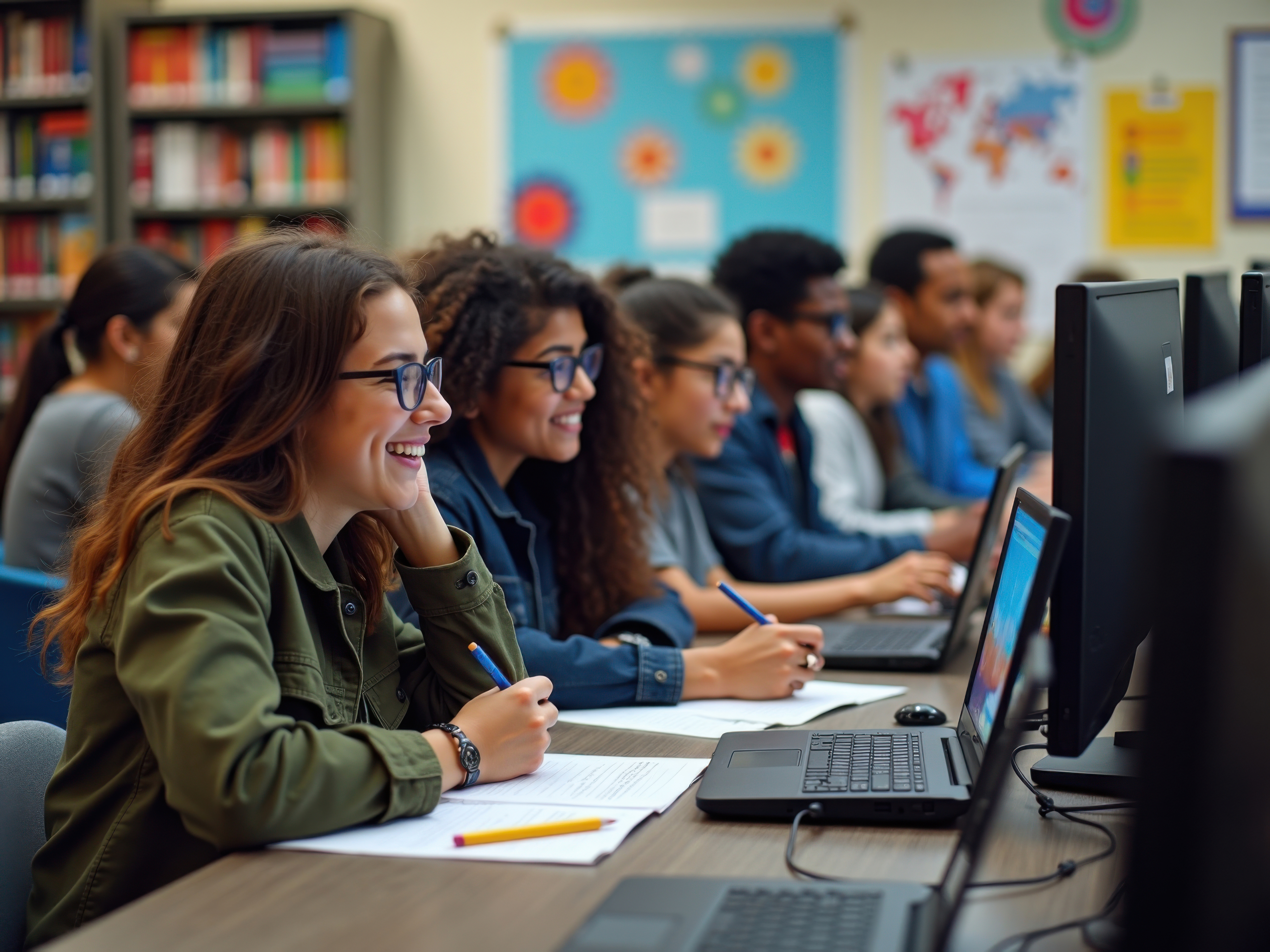 students in front of a computer studying